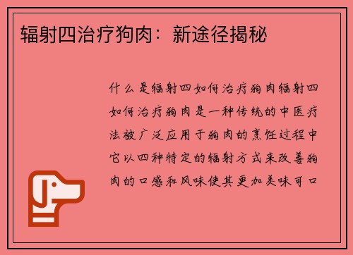 辐射四治疗狗肉：新途径揭秘
